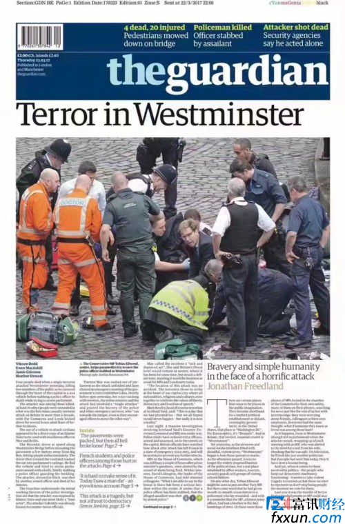 伦敦恐怖袭击致5人死亡,英国媒体头版是这样的